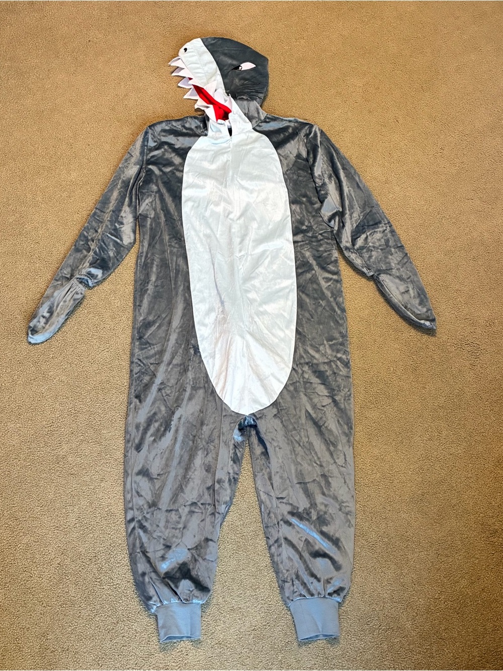 Shark Costume Adult S/M Plush 1PC Full Zip Jumpsuit Gray Unisex Halloween NWOT